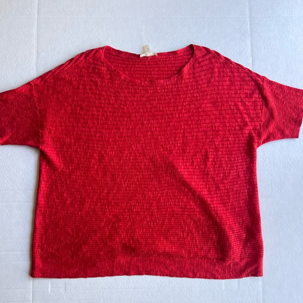 Eileen Fisher Organic Linen Cotton Bateau Neck Ribbed Shirt Coral Pink XL